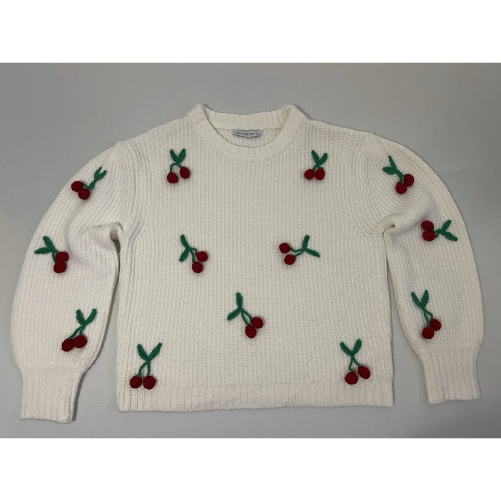 See And Be Seen Cream Ivory Wool‎ Blend Sweater With Cherries Size Large